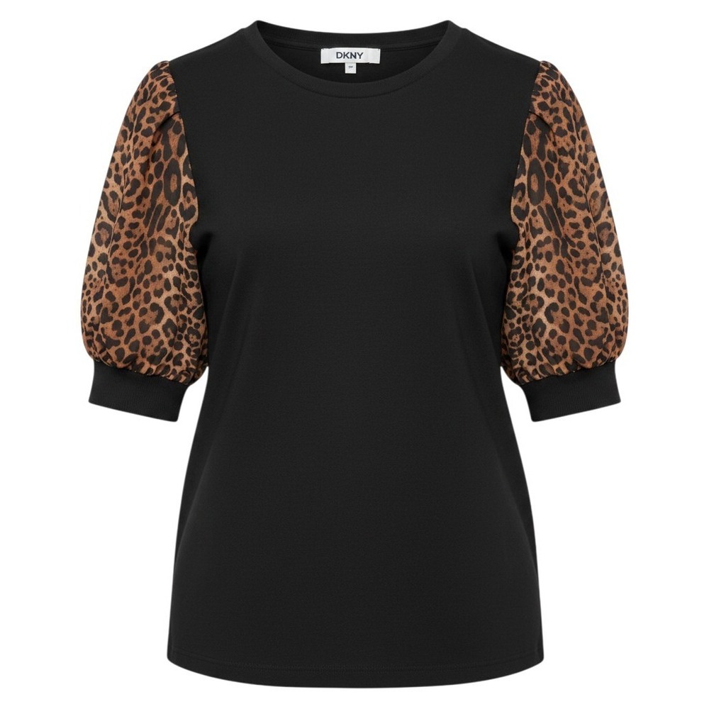 DKNY Puff Sleeve Top Sz XL Black Leopard Print Knit Crew Neck Animal Mob Wife